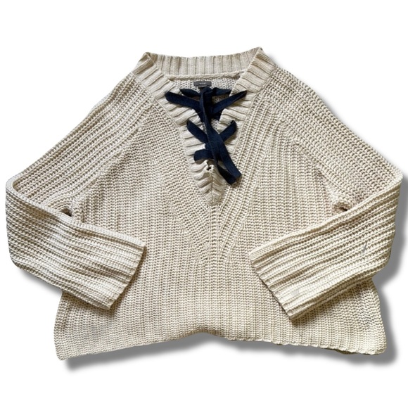 aerie Tops - 44 Aerie Cream Knit Lace-Up Sweater | Size M | Cozy Coastal Vibes
